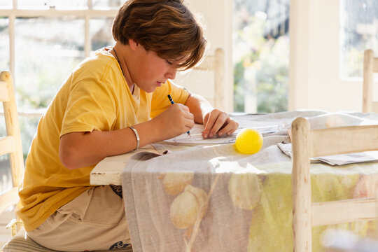 13 year old boy doing geometry homework in light filled room
