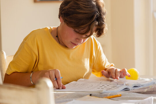 13 year old boy doing geometry homework in light filled room