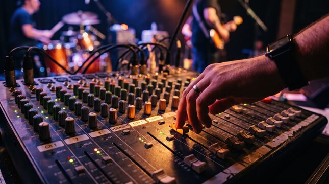 Close up of sound engineer hand adjusting faders and knobs on professional audio mixing console during live music concert performance, capturing the atmosphere of stage production
