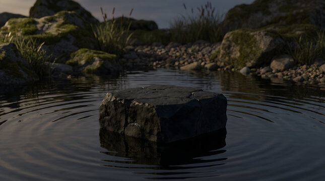Empty rough black stone podium resting in a calm water pool with gentle ripples
