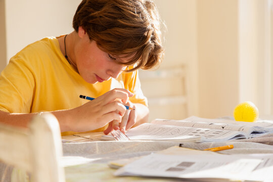 13 year old boy doing geometry homework in light filled room