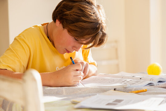 13 year old boy doing geometry homework in light filled room