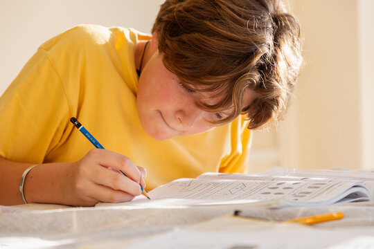 13 year old boy doing geometry homework in light filled room