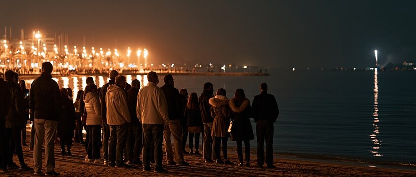 Shared anticipation unites a diverse crowd standing at the shoreline after dark, gazing toward a warm golden promenade lit by rows of glowing lanterns reflecting on calm water.