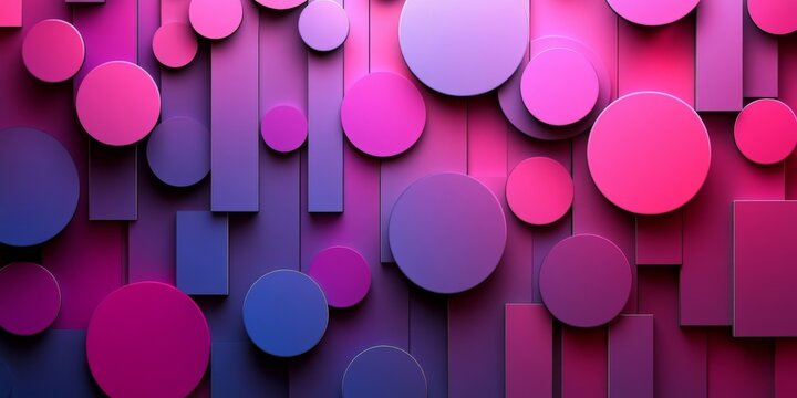 This 3D abstract background features staggered raised circles and rectangles in gradient magenta, purple and blue, with soft layered shadows creating a strong depth sense.

