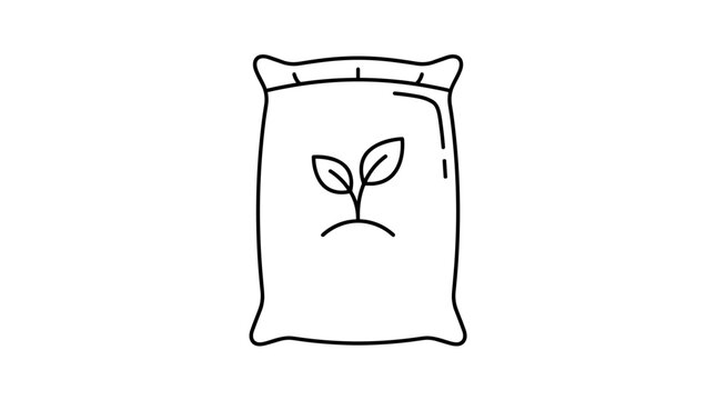 Line art illustration of a bag of fertilizer with a sprout emerging, isolated on white background
