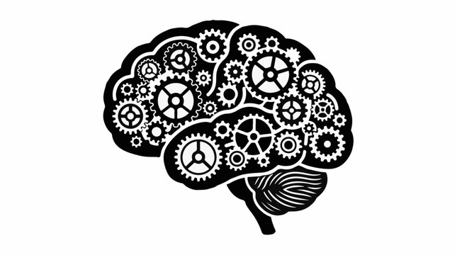 Black silhouette of a human brain filled with mechanical gears