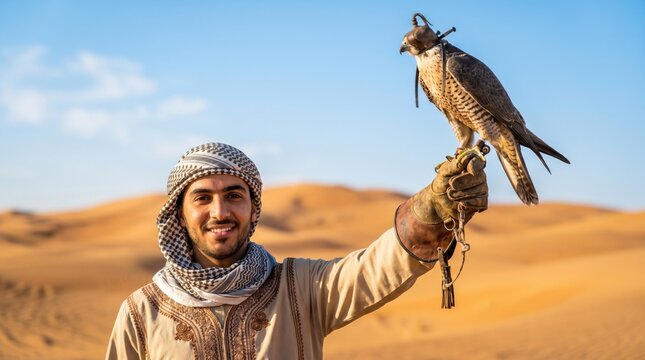 Young Arab man falconer holding a trained falcon on his gloved hand in the desert landscape representing traditional falconry culture and heritage in the Middle East