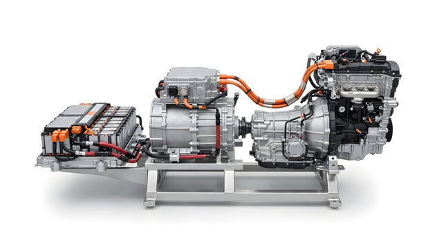Modern hybrid electric vehicle drivetrain with battery pack, electric motor, combustion engine and transmission components isolated on white
