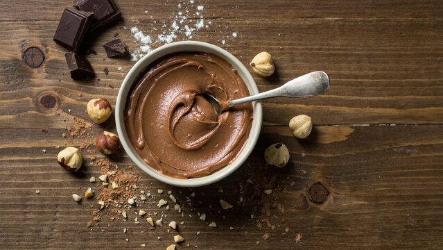 Bowl of chocolate hazelnut spread with nuts and dark chocolate on rustic wooden table