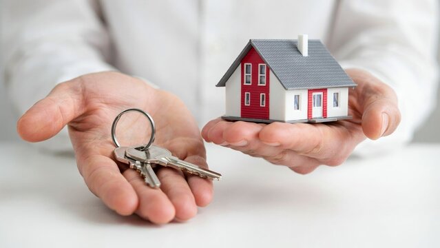 Real estate agent holding house model and keys for new home purchase or mortgage concept.