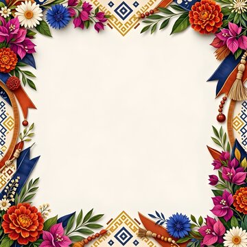 Elegant Floral Frame Background for Chilean Fiestas Patrias Celebration with Copihue Flowers Ribbons and Traditional Patterns