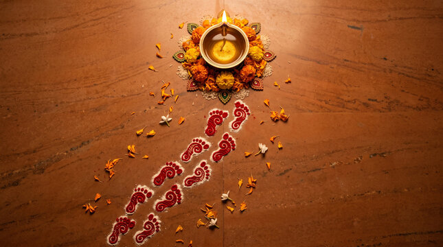 Lit diya lamp with marigold flower rangoli and red footprints on wooden floor
