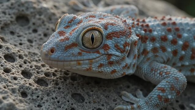 Close up of a spotted tokay gecko resting on a textured porous rock surface reptile lizard animal wildlife nature reptile lizard animal wildlife nature