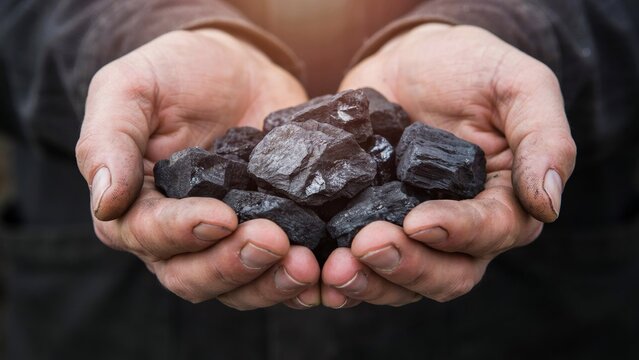 Dirty hands holding raw coal chunks, miner showing fossil fuel energy resource
