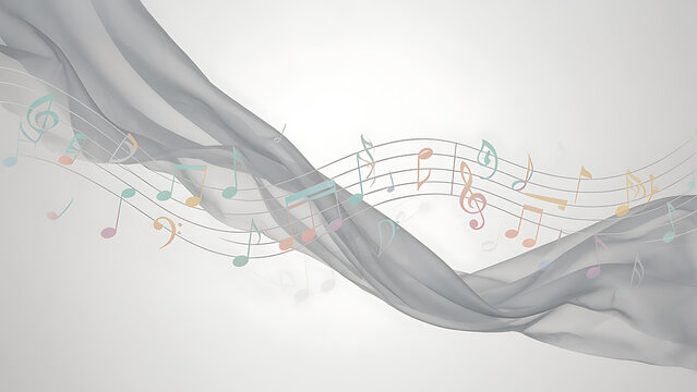 Floating colorful pastel music notes with flowing silk wave background