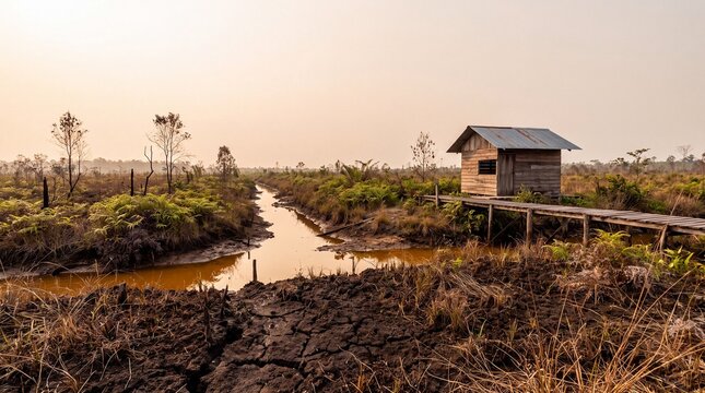 Small wooden cabin on boardwalk in arid peatland