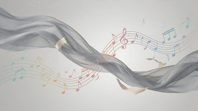 Abstract musical score with colorful notes on flowing grey ribbon