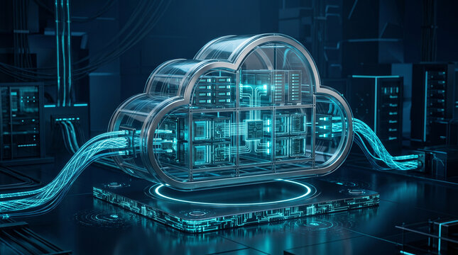 Glowing glass cloud computing server icon connected with blue fiber optic cables