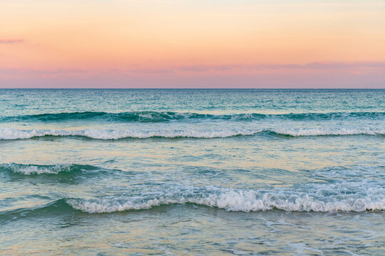 Sea horizon view. Cloudy sky and seascape at summer vacation. Skyscape with sea horizon. Calm horizon with sea nature. Romantic summer vacation at seascape. Sunset sea and seascape. Sky meet horizon