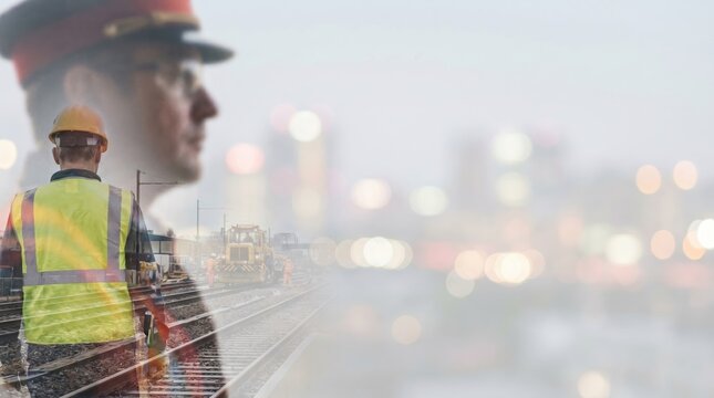 Double exposure of railway worker and station master with construction site and city background, representing infrastructure development, transport management, and engineering