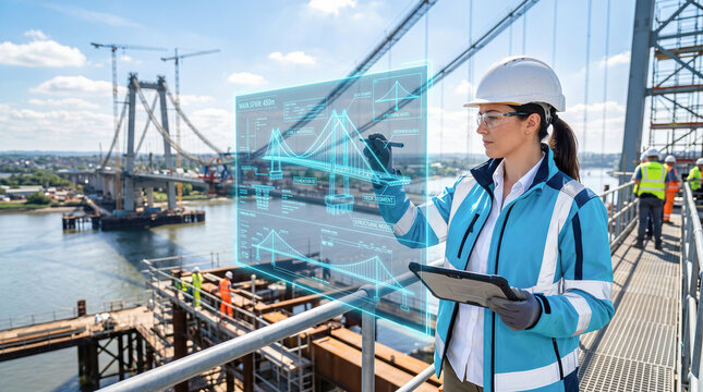 Female civil engineer wearing safety hardhat analyzing glowing blue holographic suspension bridge blueprint interface standing outdoors upon heavy industrial metal construction site