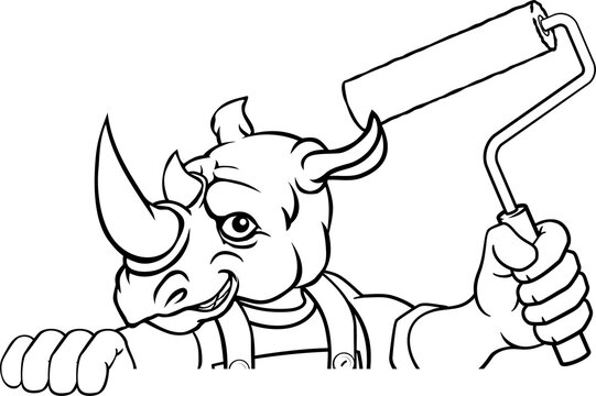 A rhino painter decorator handyman cartoon construction man mascot character holding a paint roller tool