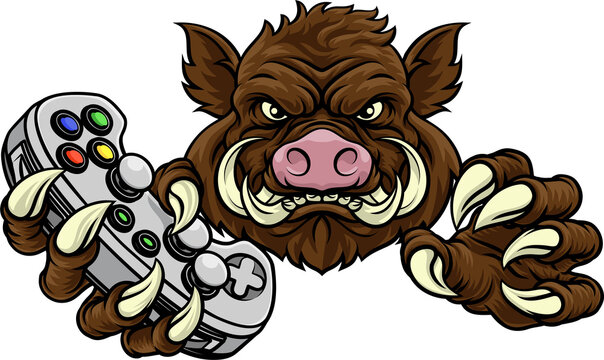 A wild boar, hog razorback warthog pig gamer sports video game gaming mascot holding a games controller