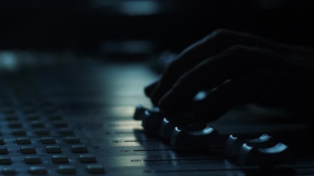 Silhouette of a sound engineer's hand smoothly adjusting audio faders on a mixing console in a dimly lit studio. A music producer manually tunes channel levels 