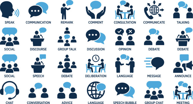 Business communication and dialogue vector icon set featuring speak remark comment consultation debate speech message announce chat meeting 