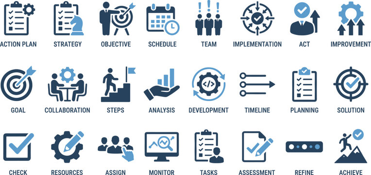 Action plan and strategy vector icon set featuring business planning objectives team implementation improvement goals solution analysis timeline process 
