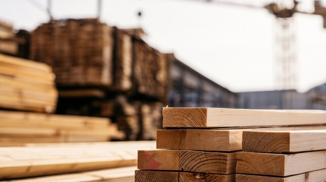 Wooden planks stacked at a lumber yard during daylight hours near construction sites
