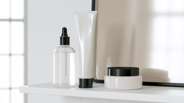 Setup of skincare products on a shelf in a bright room with large windows