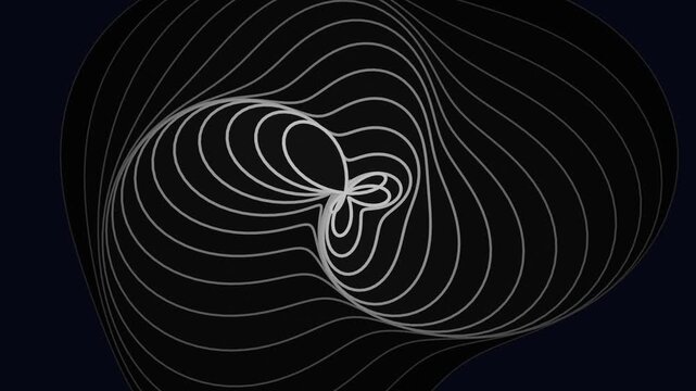 Abstract white topographic wavy lines on dark background, digital organic pattern motion graphic