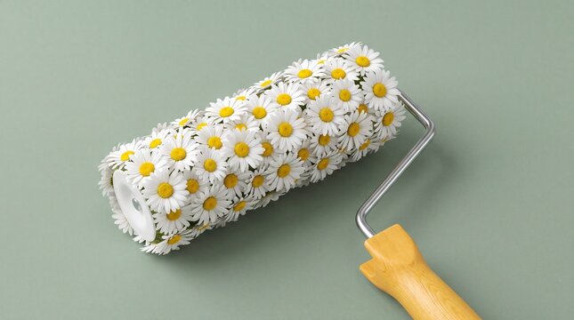 Paint roller covered in fresh white daisy flowers on a soft sage green background