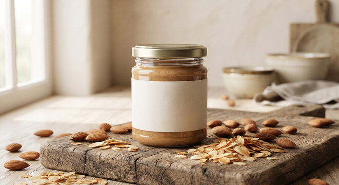 A crystal-clear glass jar filled with creamy almond butter, resting on a rustic wooden cutting board, surrounded by whole raw almonds and roasted flakes, soft natural side lighting, macro product phot