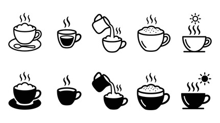Obraz premium Set of hot coffee cup icons with saucers steam milk pouring in outline and solid art styles caffeine beverage