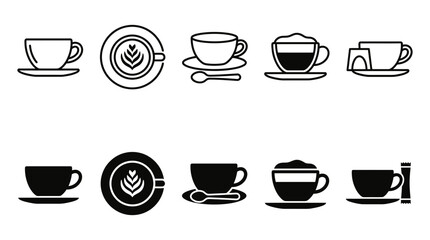 Obraz premium Set of various coffee cups with saucer latte art spoon and sugar line icons beverage cappuccino espresso caffeine