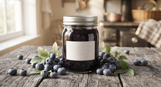 A crystal clear glass jar of deep indigo blueberry jam sitting on weathered, grey barn wood, surrounded by plump fresh blueberries with natural dusty bloom and green leaves, soft morning side lighting
