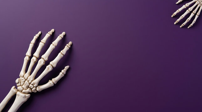 A dramatically styled halloween scene with realistic skeletal hands positioned against a deep rich purple backdrop offering significant space for text