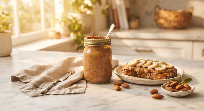 A sun-drenched lifestyle product photograph showing an almond butter jar next to a toasted slice of multi-grain bread spread thick with the butter, sliced bananas, and a linen napkin on a marble count