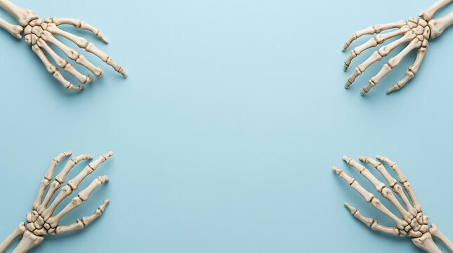 Four human skeletal hands are reaching towards the center on a soft pastel blue backdrop for a spooky halloween design