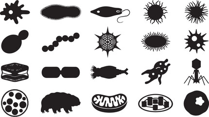 Obraz premium Set of black silhouettes of microorganisms bacteria and cells