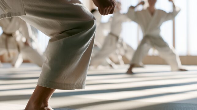 Karate practice in a dojo during the afternoon with multiple students training together