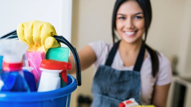 Woman holding a bucket of cleaning supplies while preparing to clean indoors