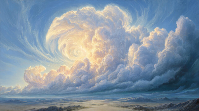 Clouds swirl in the sky above a vast landscape during the late afternoon