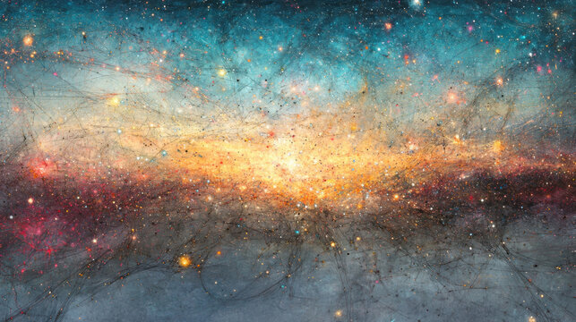 Vibrant cosmic scene captures stars, galaxies, and swirling energy as the universe awakens during a stunning dawn