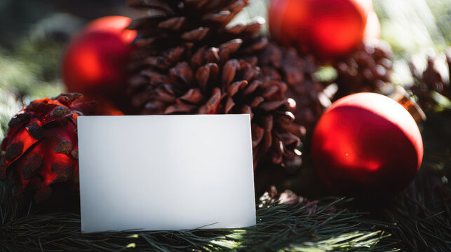 Blank card placed among red ornaments and pinecones during holiday season