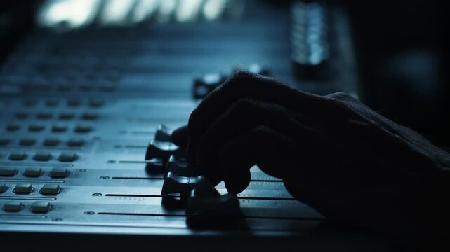 Close-up silhouette of a sound engineer's hand adjusting faders on a mixing console in a dark recording studio. 