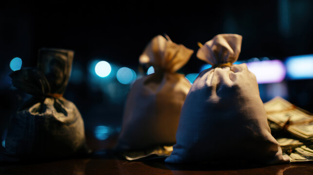 Bags of cash placed on a table at night with lights in the background